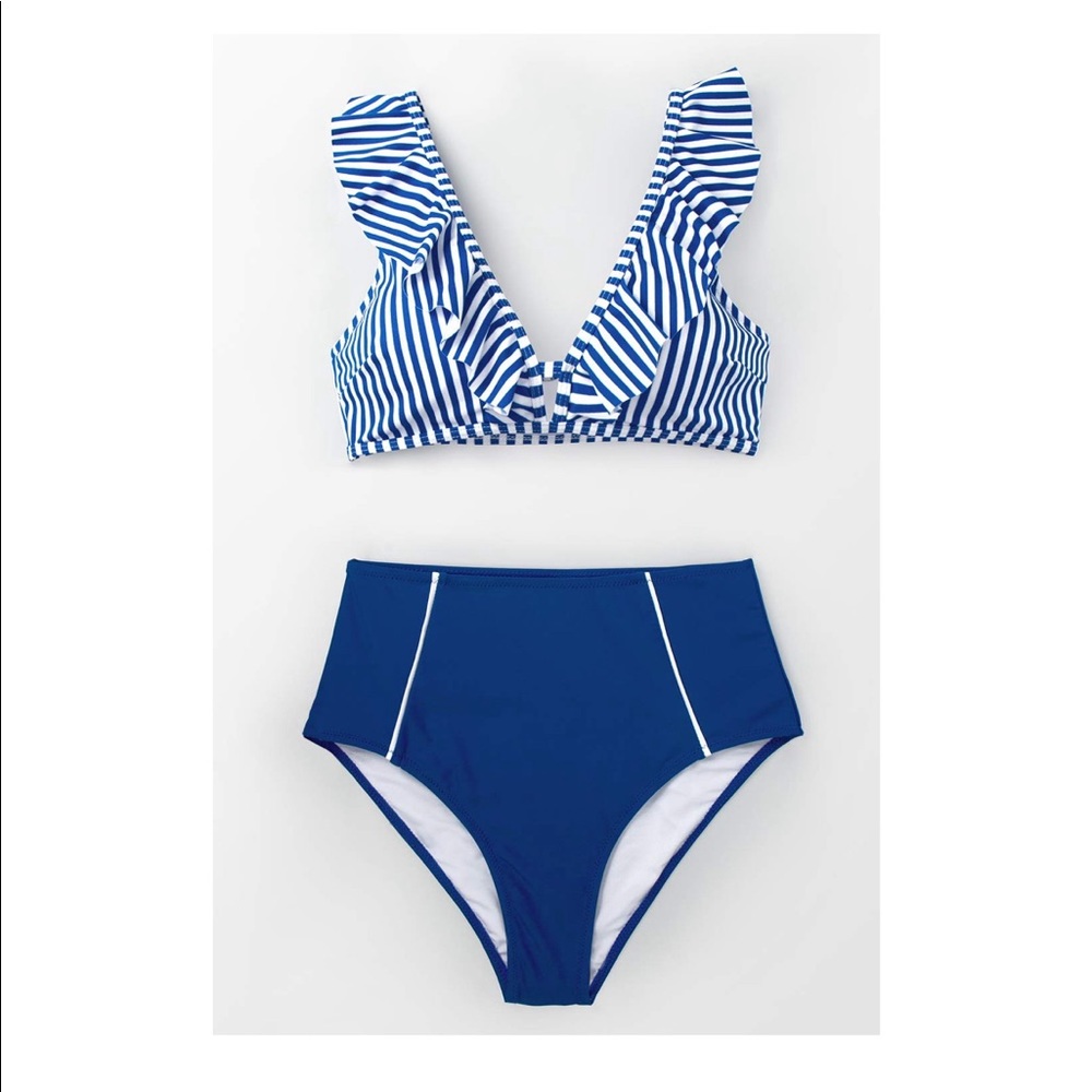 Blue Striped High-Waisted Bikini Swimsuit Set